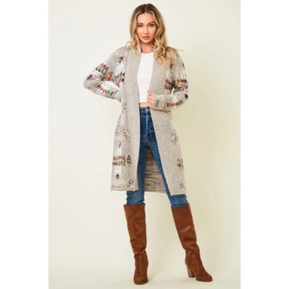 SOLD OUT Oatmeal Rainbow Multi Colored Aztec Tribal Jacquard Open Knit Cardigan - Picture 5 of 10